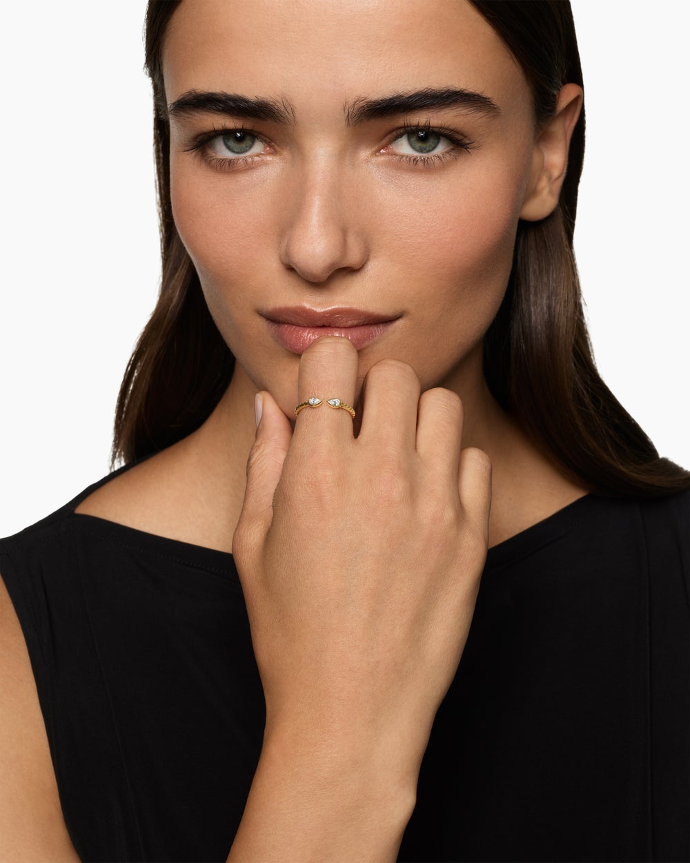 Womens Cable Open Pear Ring in 18K Yellow Gold with Diamonds, 1.7mm