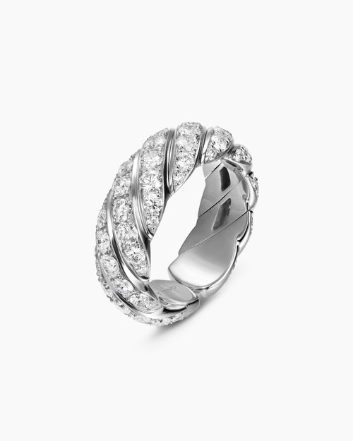 Womens Sculpted Cable Flex Band Ring in 18K White Gold with Diamonds, 7.5mm