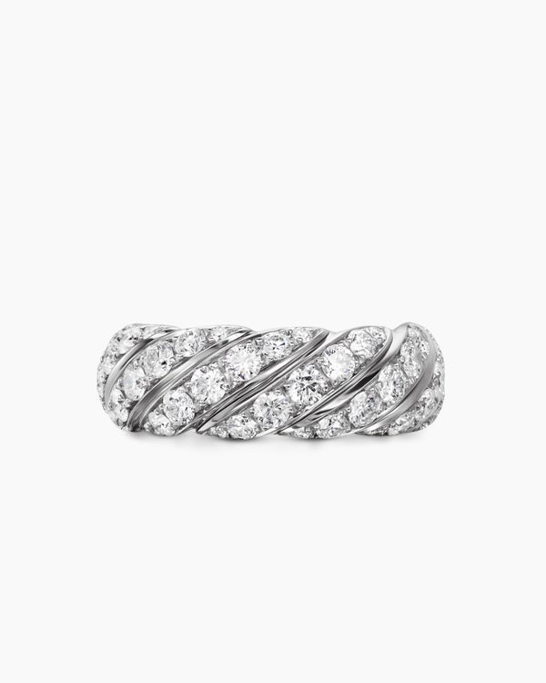 Sculpted Cable Flex Band Ring in 18K White Gold with Diamonds, 7.5mm