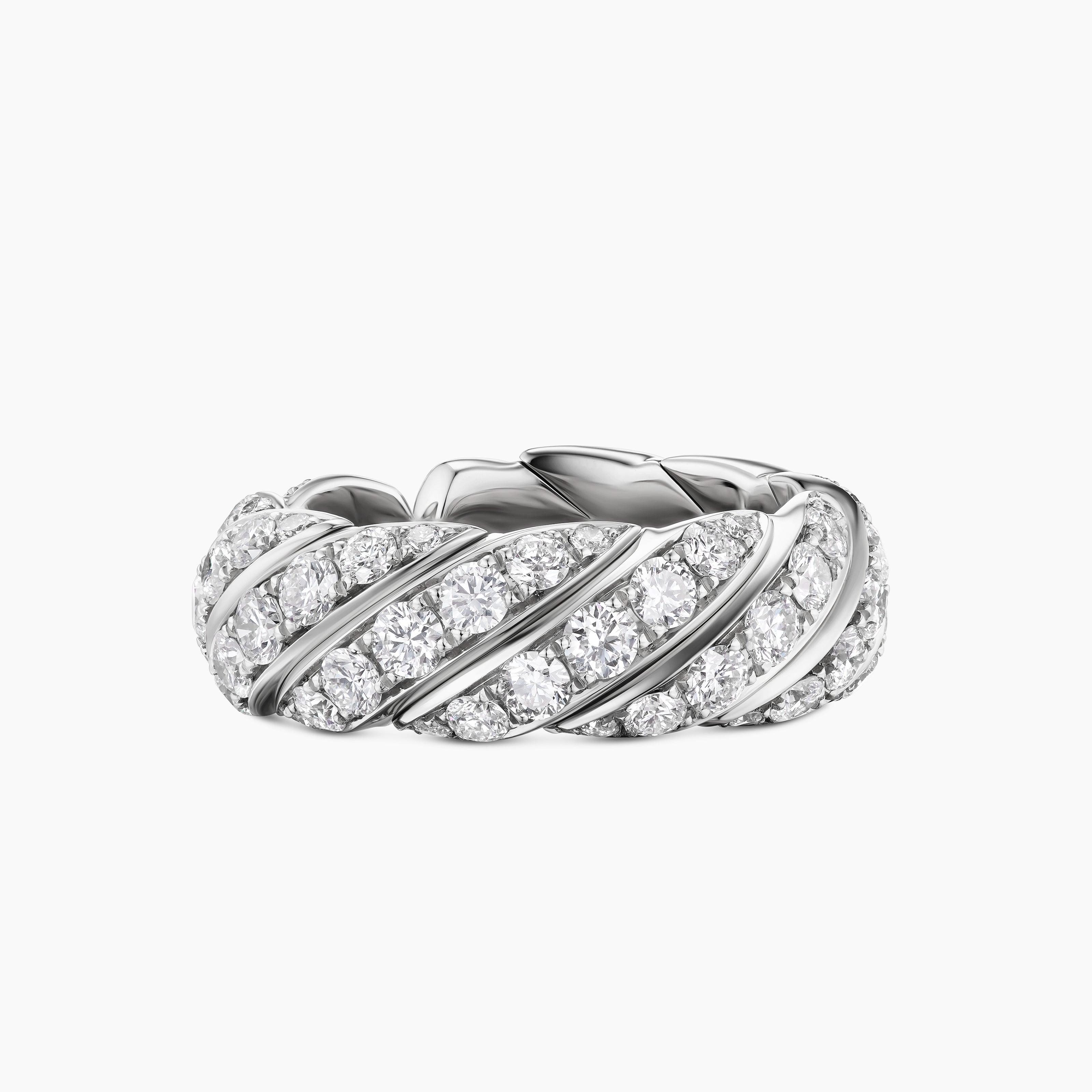 Womens Sculpted Cable Flex Band Ring in 18K White Gold with Diamonds, 7.5mm
