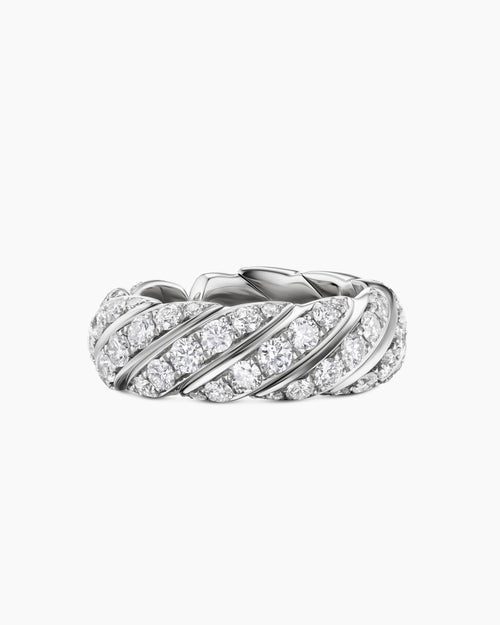 Womens Sculpted Cable Flex Band Ring in 18K White Gold with Diamonds, 7.5mm