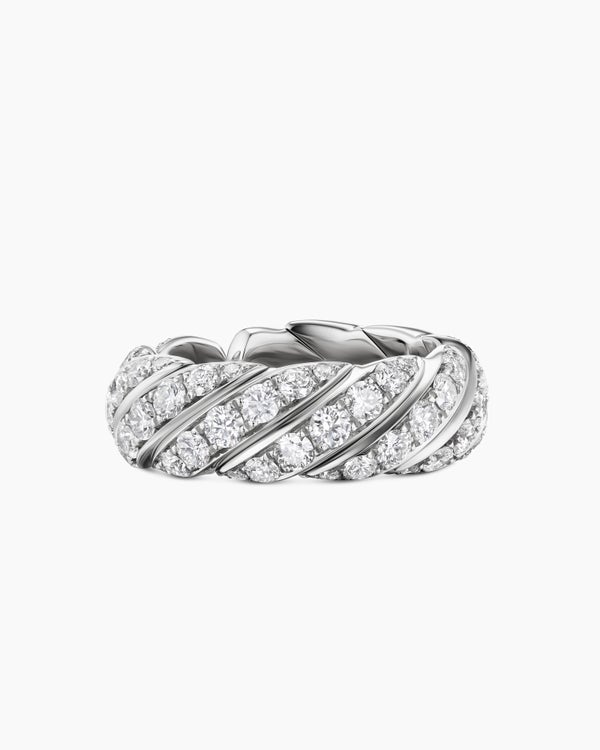 Sculpted Cable Flex Band Ring in 18K White Gold with Diamonds, 7.5mm