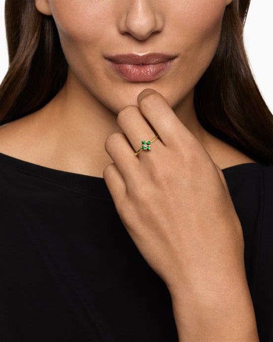 Bague couleur Modern Renaissance® de petite taille en or jaune 18 carats avec émeraudes et diamant, 8,7 mm