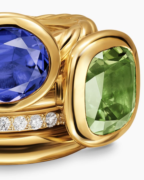 Womens DY Mercer® Color Two Stone Cocktail Ring in 18K Yellow Gold with Green Tourmaline, Tanzanite and Diamonds, 17.7mm