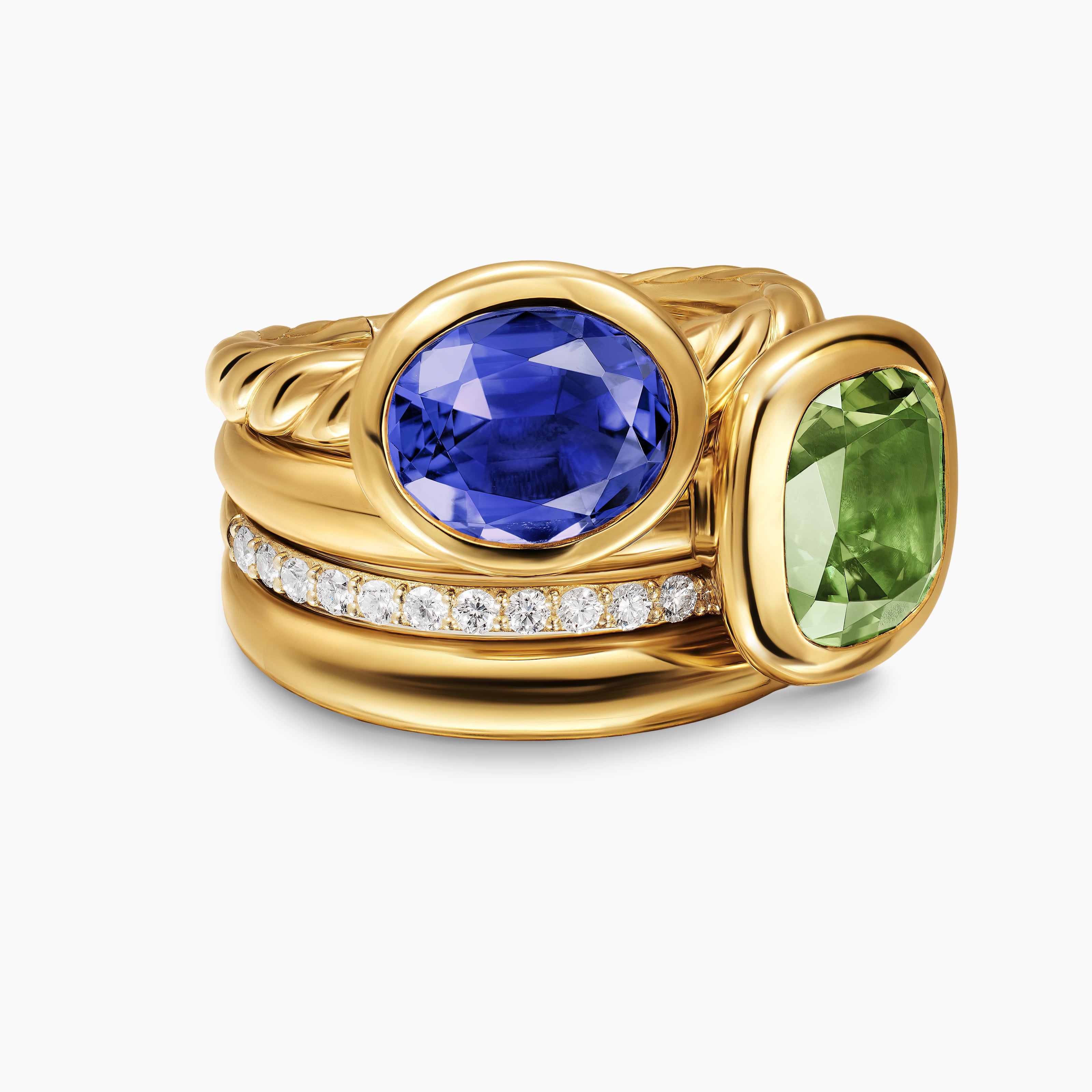 Womens DY Mercer Color Two Stone Cocktail Ring in 18K Yellow Gold with Diamonds, 17.7mm