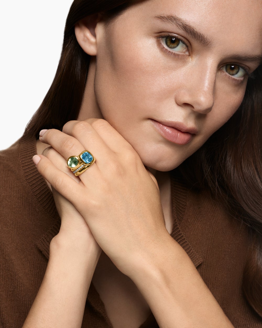 Womens DY Mercer Color Two Stone Cocktail Ring in 18K Yellow Gold with Diamonds, 17.7mm