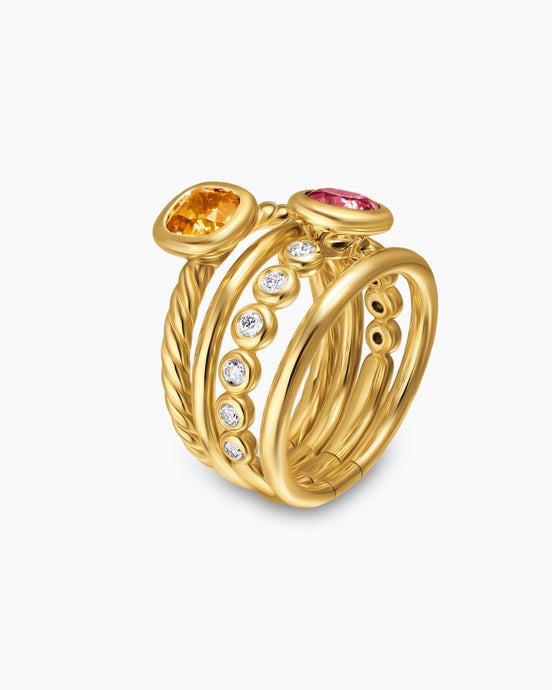 DY Mercer® Color Stone Multi Row Ring in 18K Yellow Gold with Citrine, Pink Tourmaline and Diamonds, 10mm