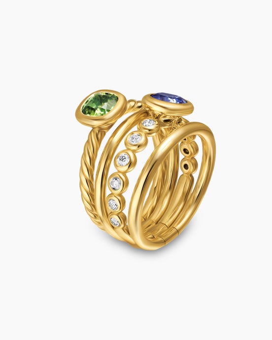 DY Mercer® Color Stone Multi Row Ring in 18K Yellow Gold with Green Tourmaline, Tanzanite and Diamonds, 10mm