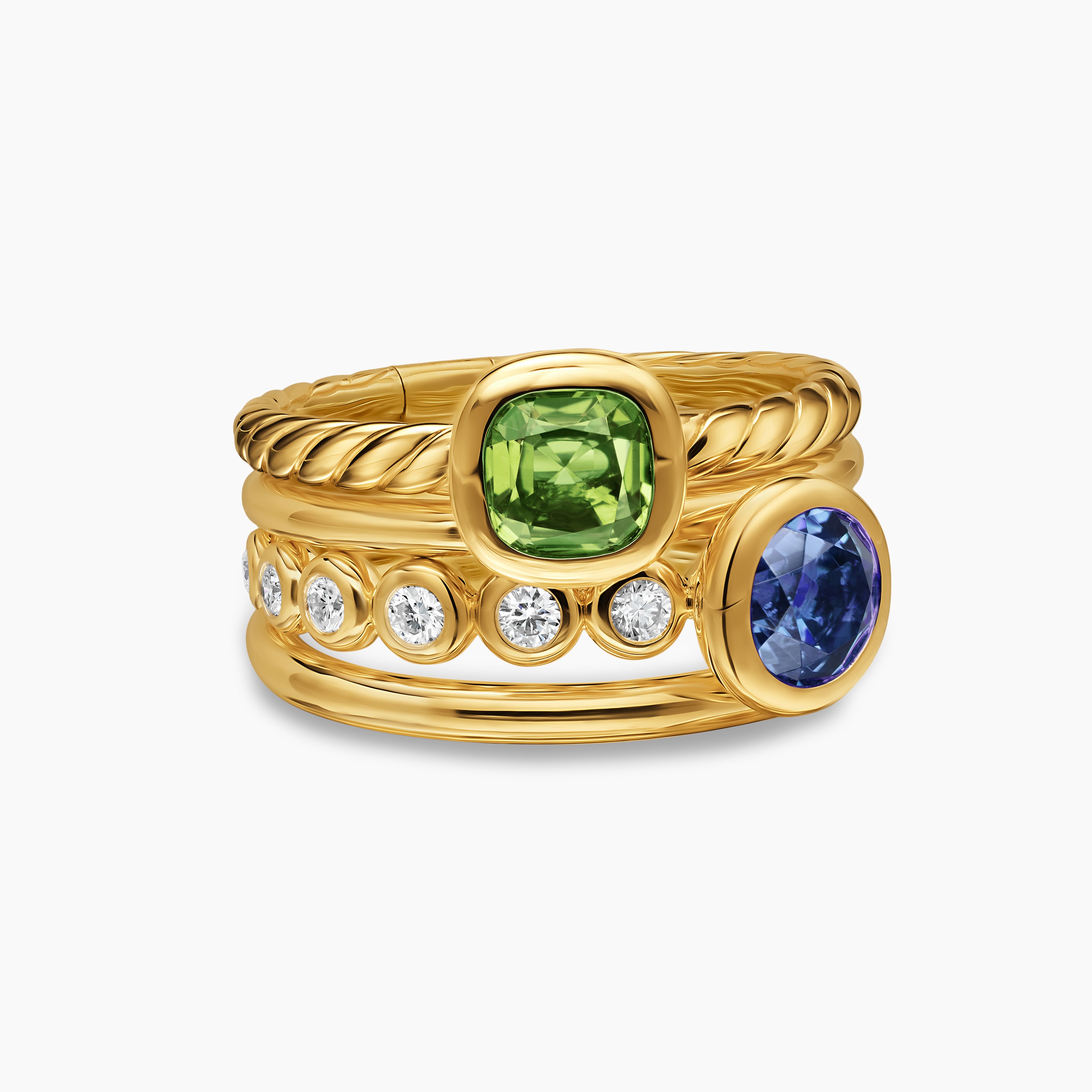 Womens DY Mercer Color Stone Multi Row Ring in 18K Yellow Gold with Diamonds, 10mm
