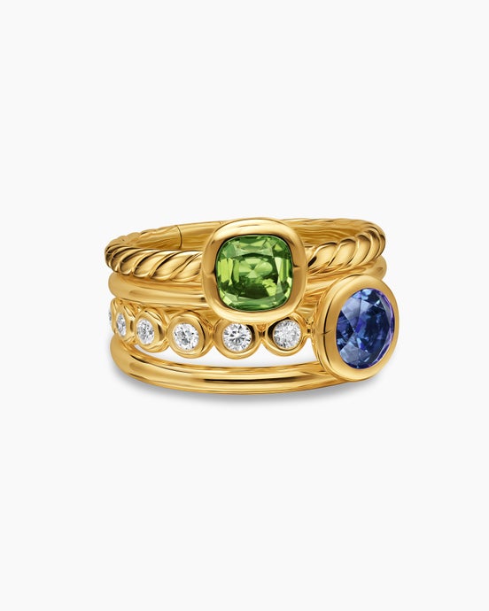 DY Mercer® Color Stone Multi Row Ring in 18K Yellow Gold with Green Tourmaline, Tanzanite and Diamonds, 10mm