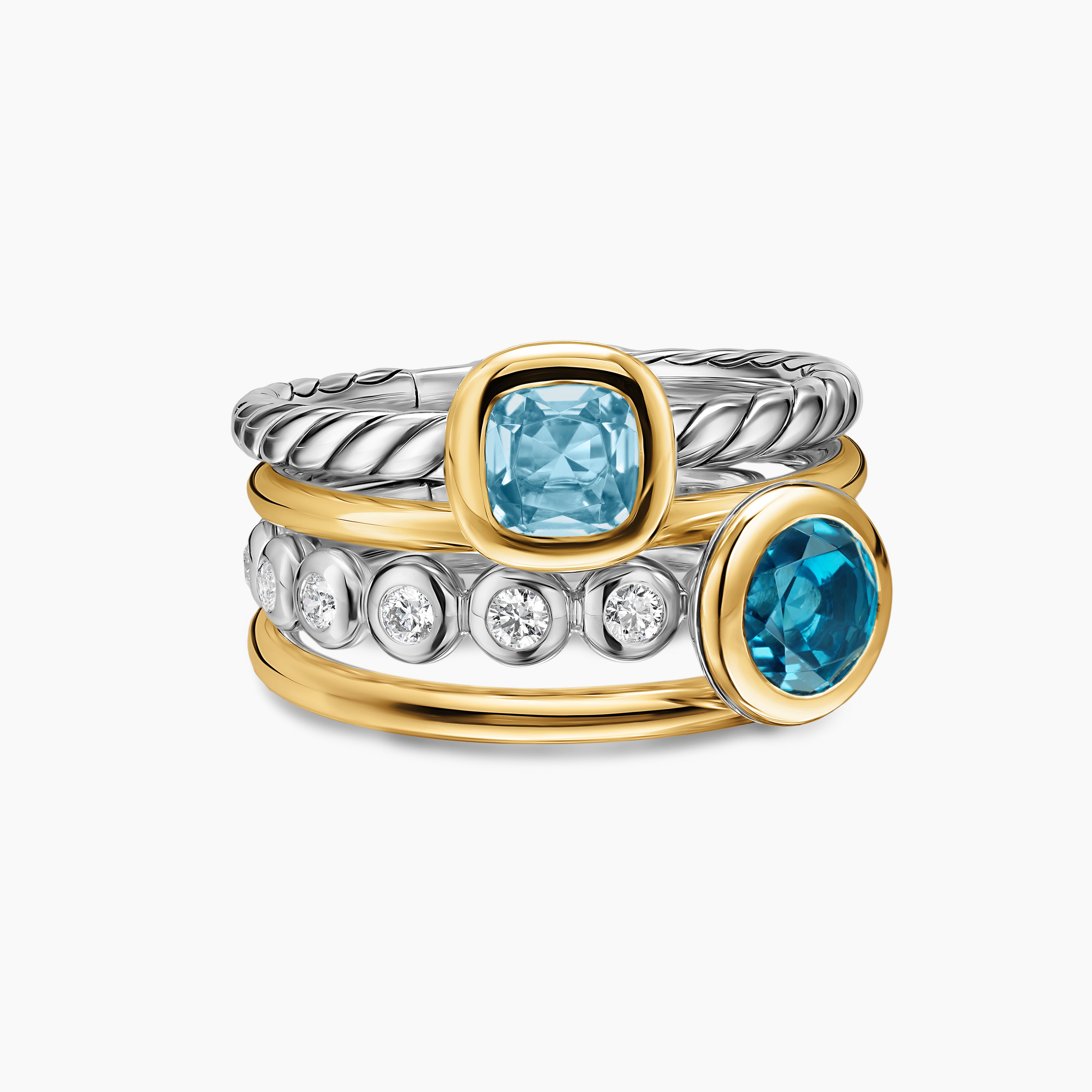 Womens DY Mercer Color Stone Multi Row Ring in Sterling Silver with 18K Yellow Gold and Diamonds, 10mm