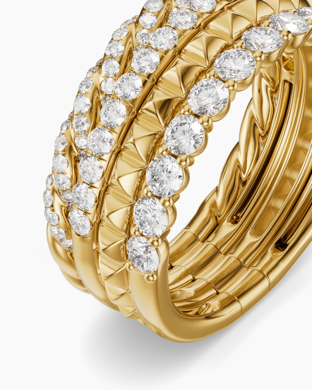 Bague Pyramid à quatre rangs Petite Pavé en or jaune 18 carats avec diamants, 8,6 mm femme