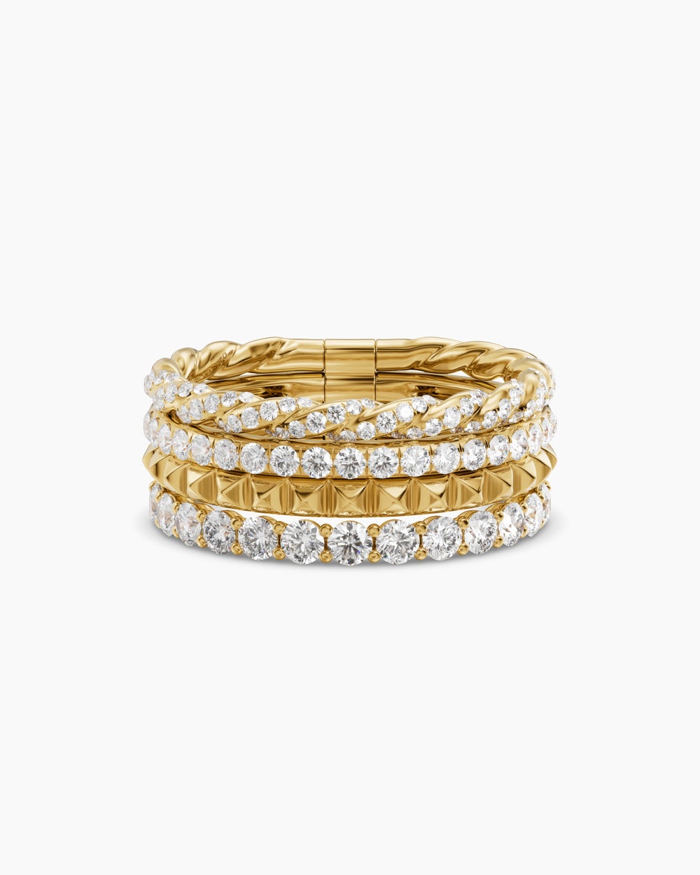 Bague Pyramid à quatre rangs Petite Pavé en or jaune 18 carats avec diamants, 8,6 mm femme