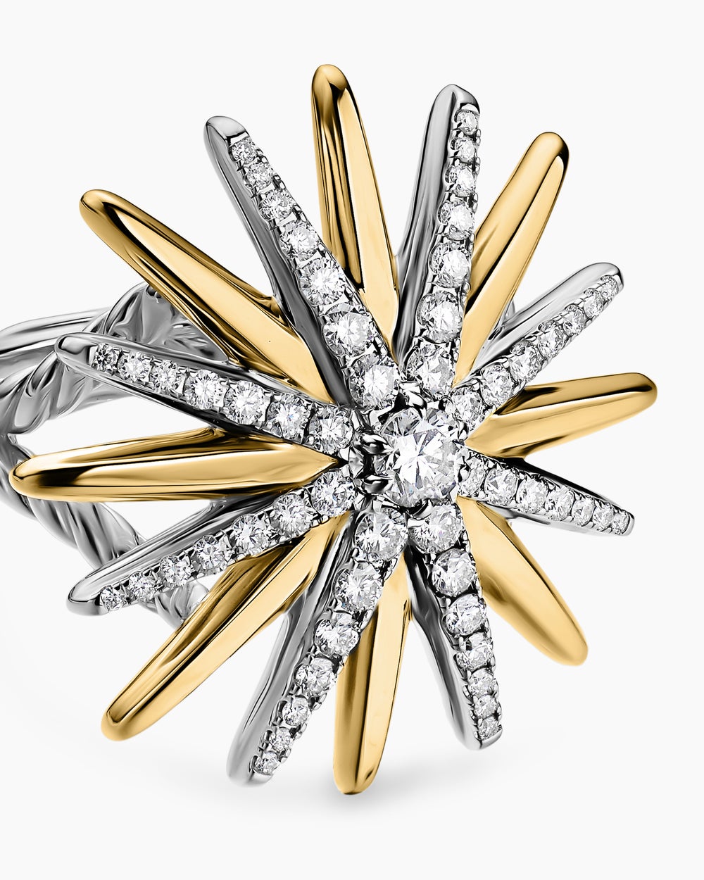 Womens Starburst Ring in Sterling Silver with 18K Yellow Gold with Diamonds, 25mm