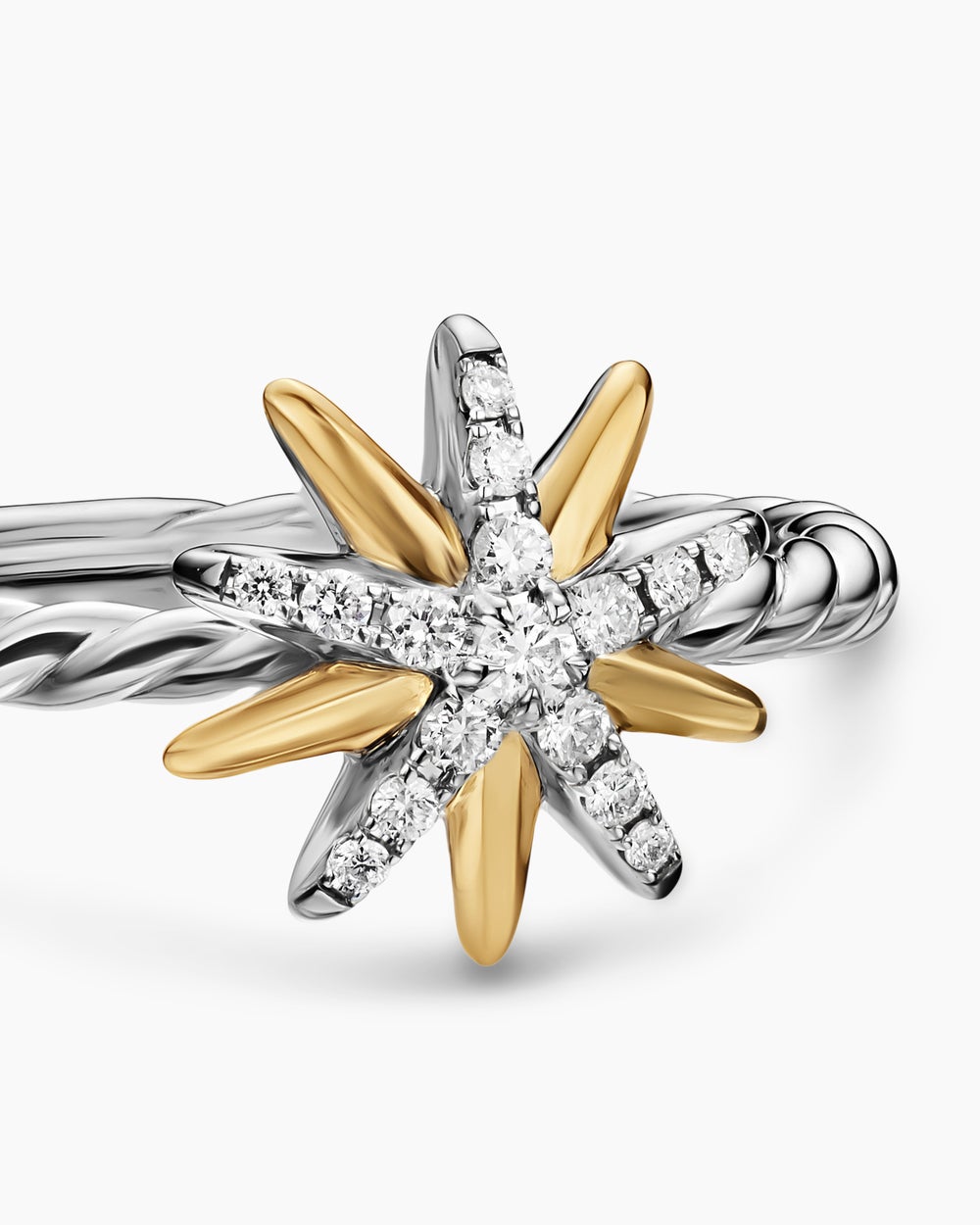 Womens Starburst Ring in Sterling Silver with 18K Yellow Gold with Diamonds, 10.6mm