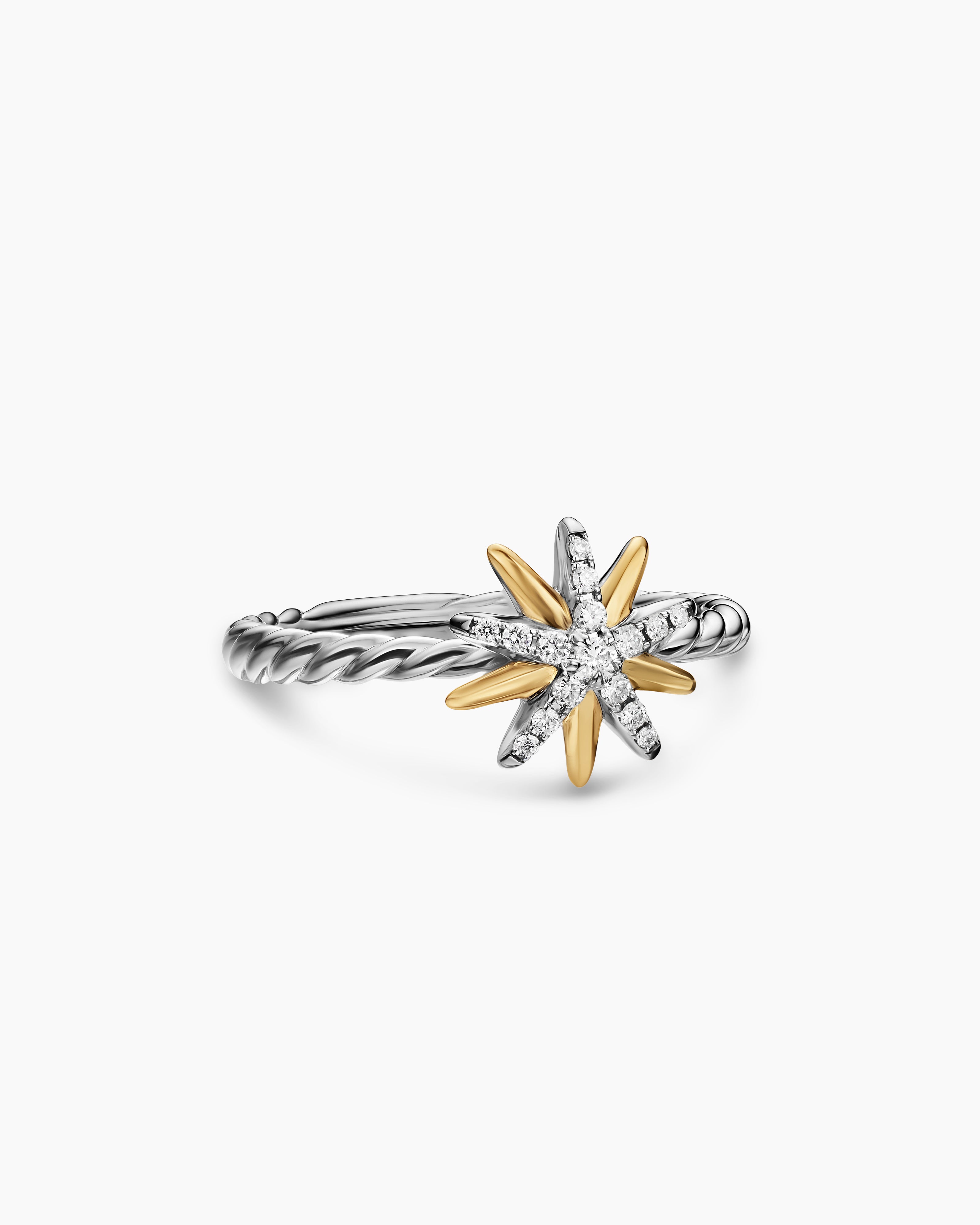 Womens Starburst Ring in Sterling Silver with 18K Yellow Gold with Diamonds, 10.6mm