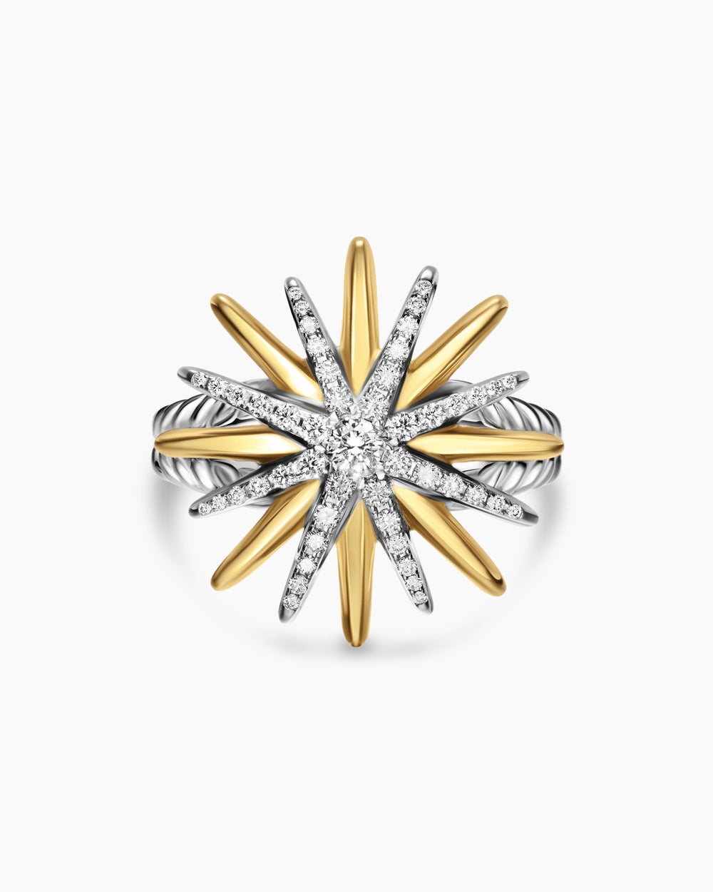 Womens Starburst Ring in Sterling Silver with 18K Yellow Gold with Diamonds, 20.7mm