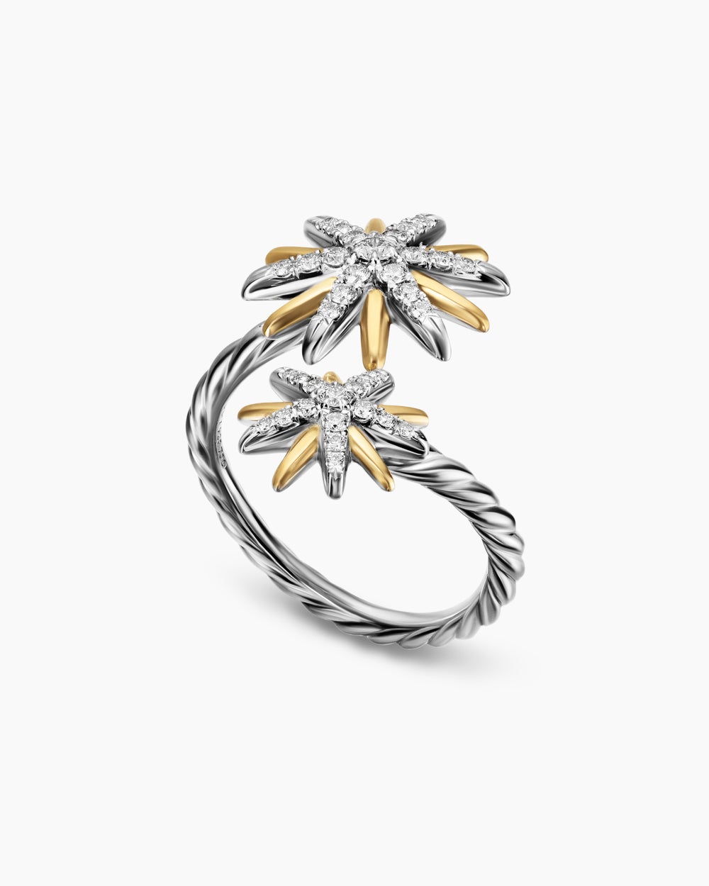 Womens Starburst Bypass Ring in Sterling Silver with 18K Yellow Gold with Diamonds, 24.6mm