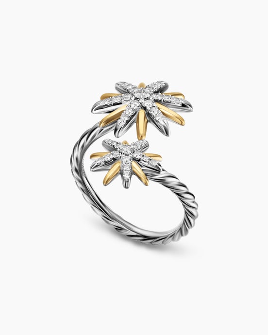 Starburst Bypass Ring in Sterling Silver with 18K Yellow Gold and Diamonds, 24.6mm