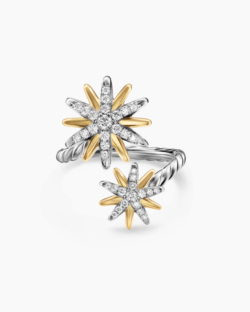 Womens Starburst Bypass Ring in Sterling Silver with 18K Yellow Gold with Diamonds, 24.6mm