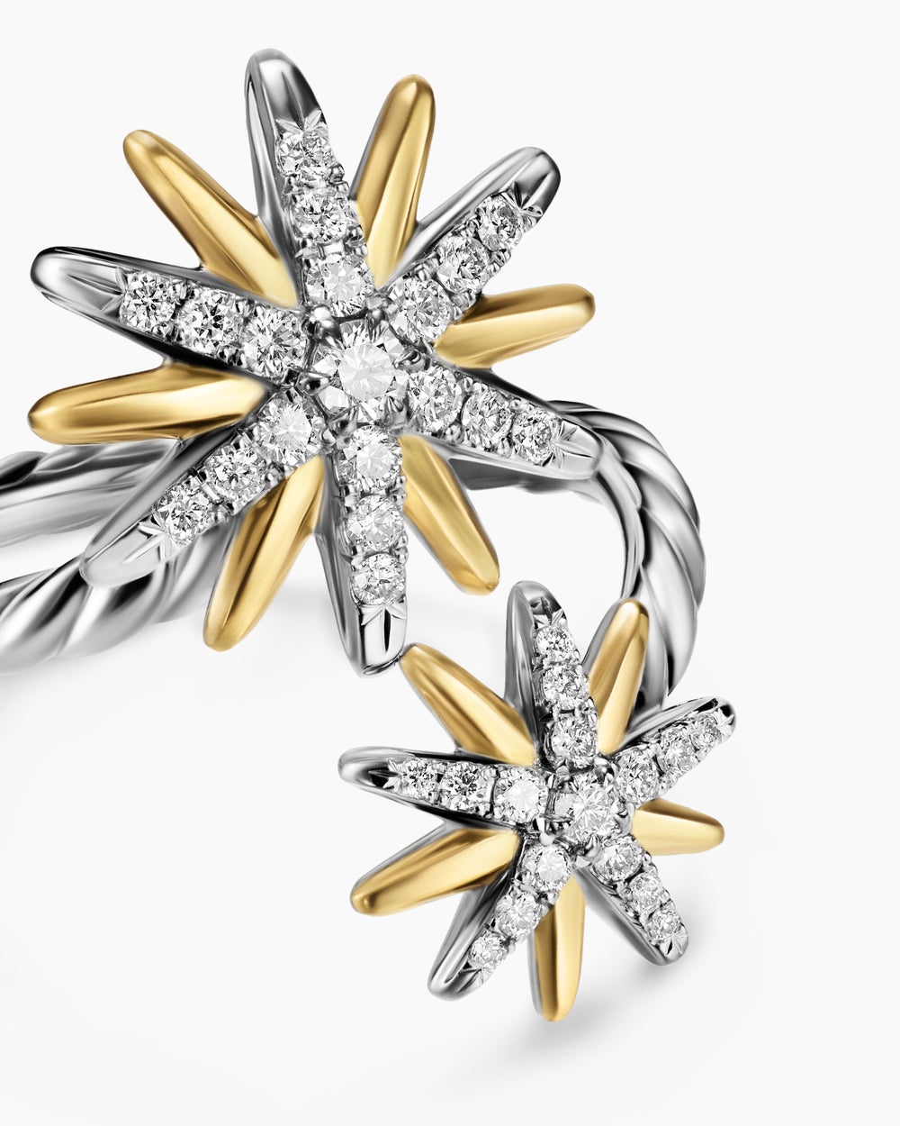 Womens Starburst Bypass Ring in Sterling Silver with 18K Yellow Gold with Diamonds, 24.6mm