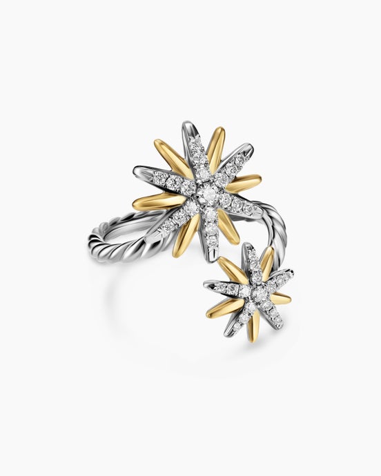 Starburst Bypass Ring in Sterling Silver with 18K Yellow Gold and Diamonds, 24.6mm