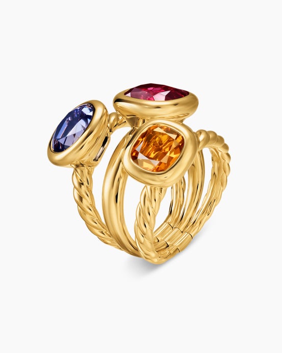 DY Mercer® Color Three Stone Ring in 18K Yellow Gold with Rhodolite Garnet, Iolite and Madeira Citrine, 20.7mm