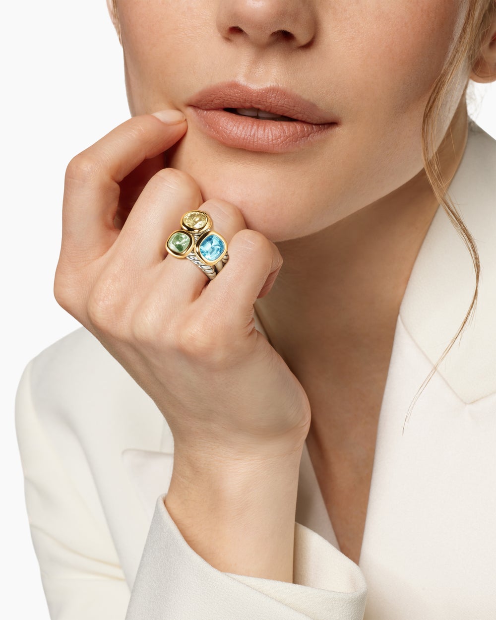 Womens DY Mercer® Colour Three Stone Ring in Sterling Silver with 14ct Yellow Gold, Sky Blue Topaz, Champagne Citrine and Prasiolite, 20.7mm