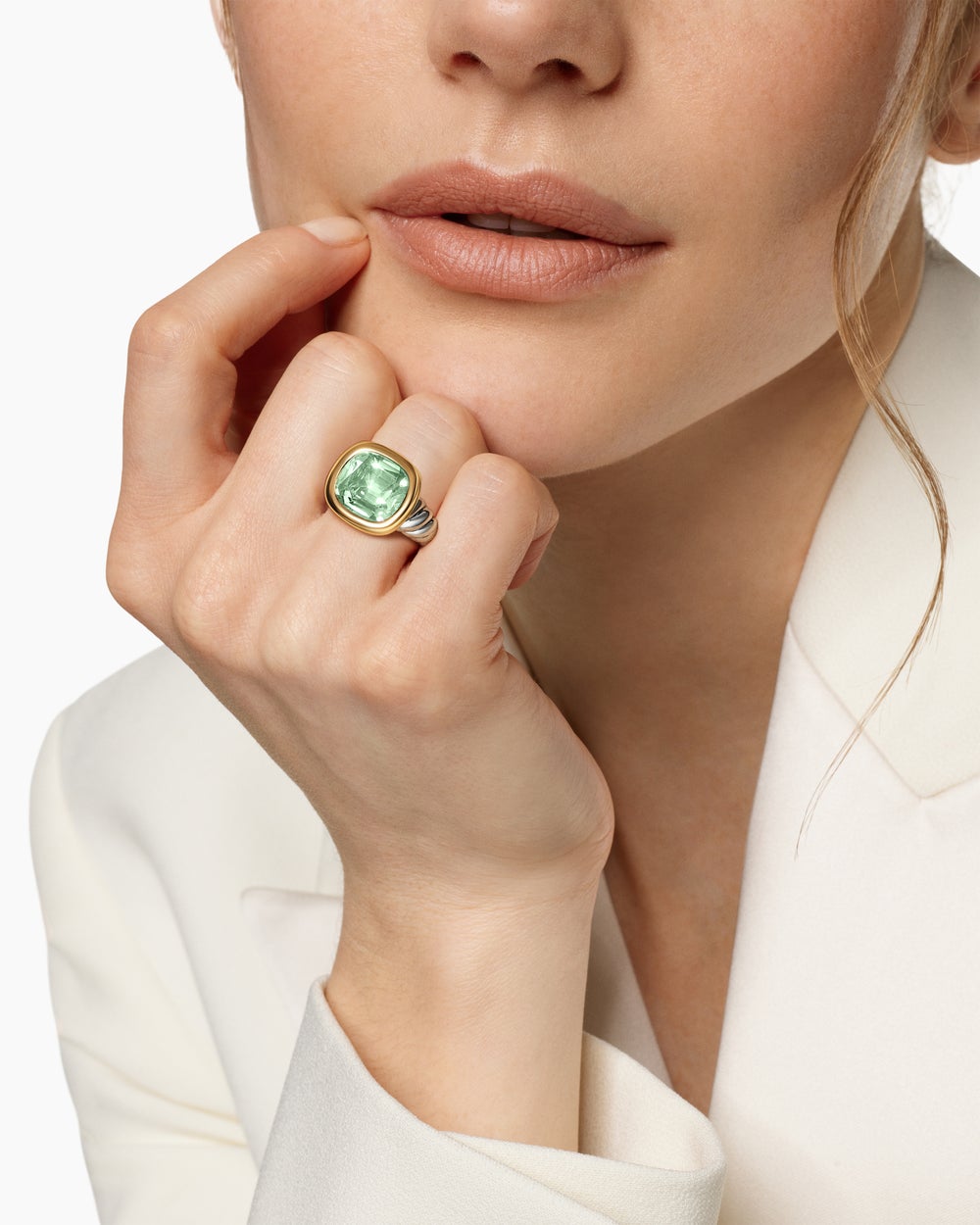 Womens DY Mercer® Colour Stone Ring in Sterling Silver with 14ct Yellow Gold and Prasiolite, 13.5mm