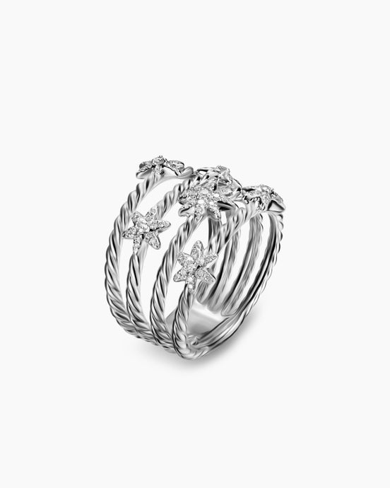 Petite Starburst Multi Row Ring in Sterling Silver with Diamonds, 19.4mm