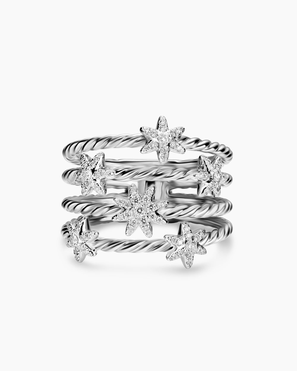 Womens Petite Starburst Multi Row Ring in Sterling Silver with Diamonds, 19.4mm