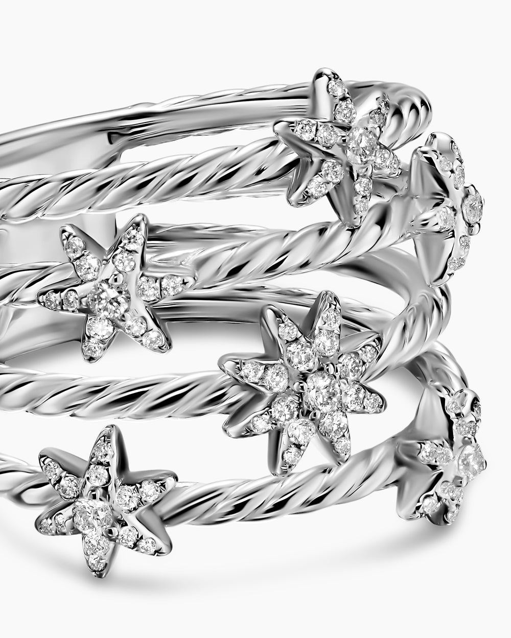 Womens Petite Starburst Multi Row Ring in Sterling Silver with Diamonds, 19.4mm