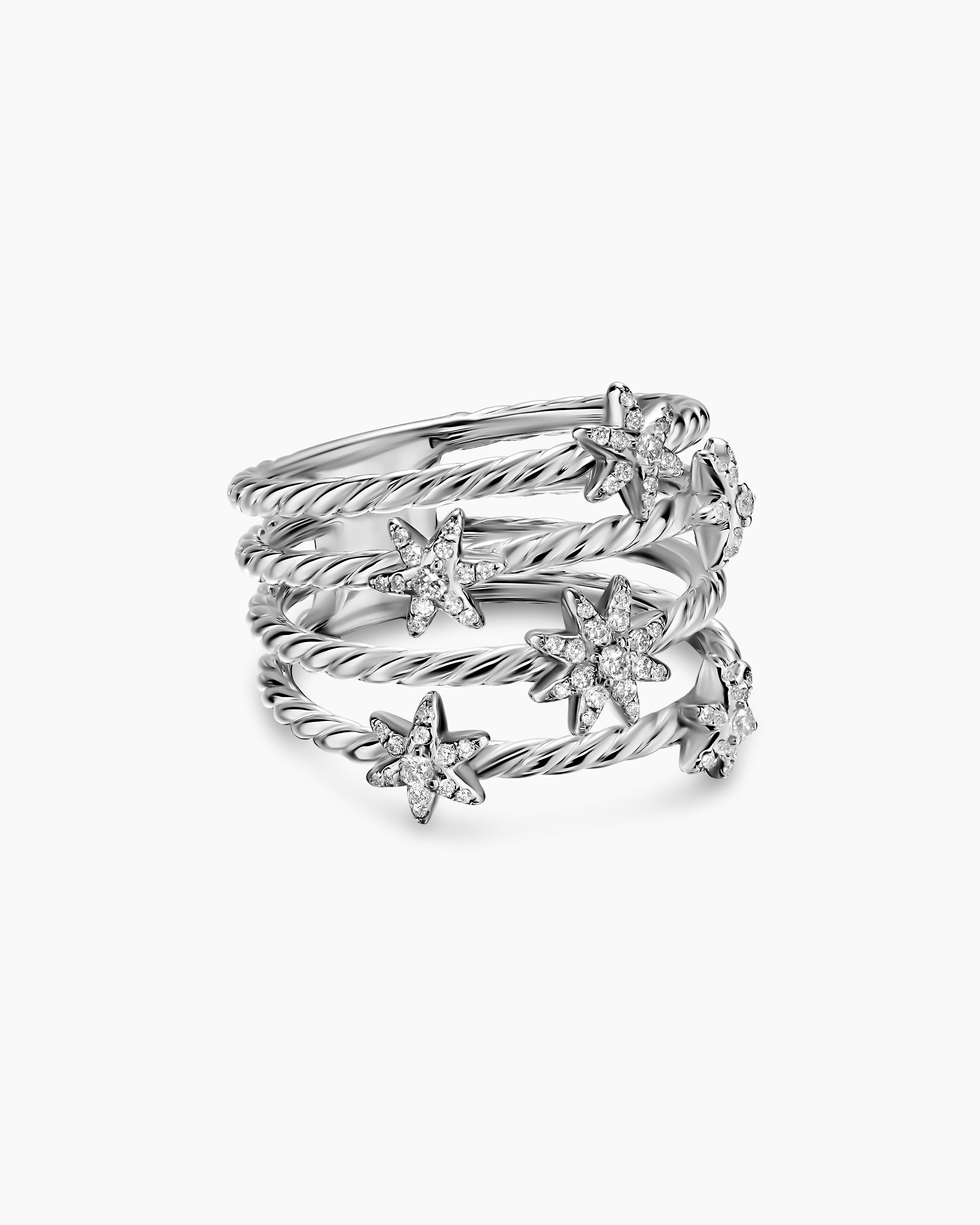 Womens Petite Starburst Multi Row Ring in Sterling Silver with Diamonds, 19.4mm