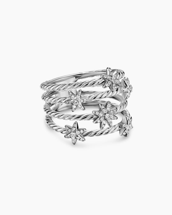 Petite Starburst Multi Row Ring in Sterling Silver with Diamonds, 19.4mm