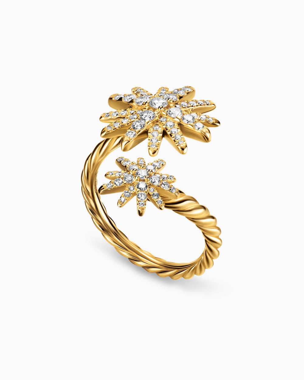 Womens Starburst Bypass Ring in 18K Yellow Gold with Diamonds, 25.3mm