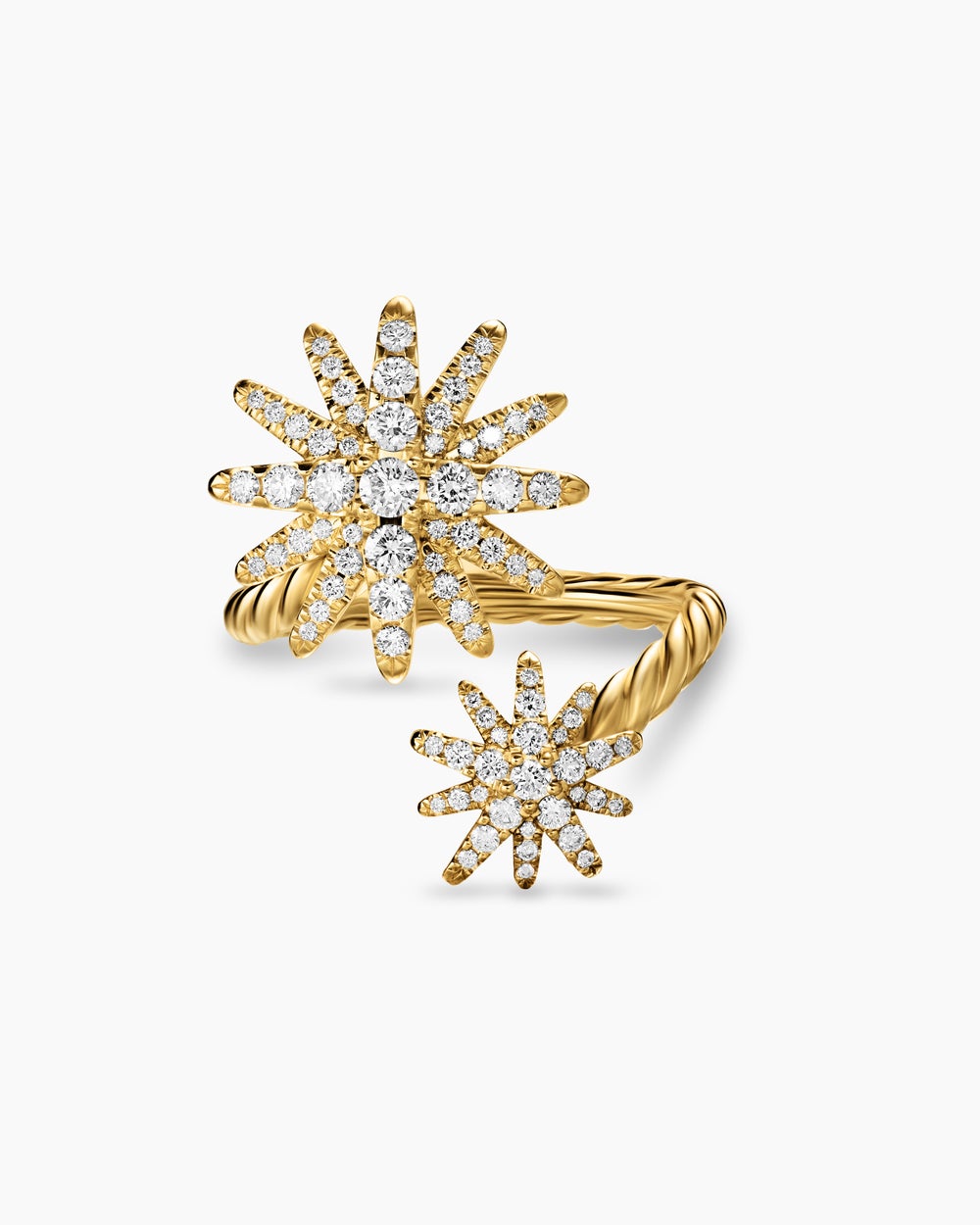 Womens Starburst Bypass Ring in 18K Yellow Gold with Diamonds, 25.3mm
