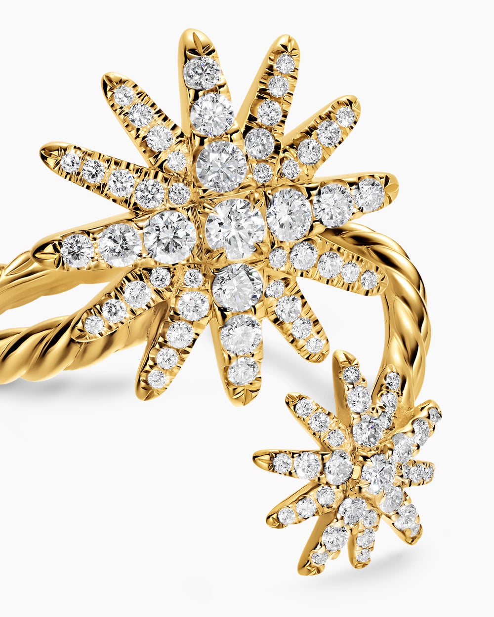 Womens Starburst Bypass Ring in 18K Yellow Gold with Diamonds, 25.3mm