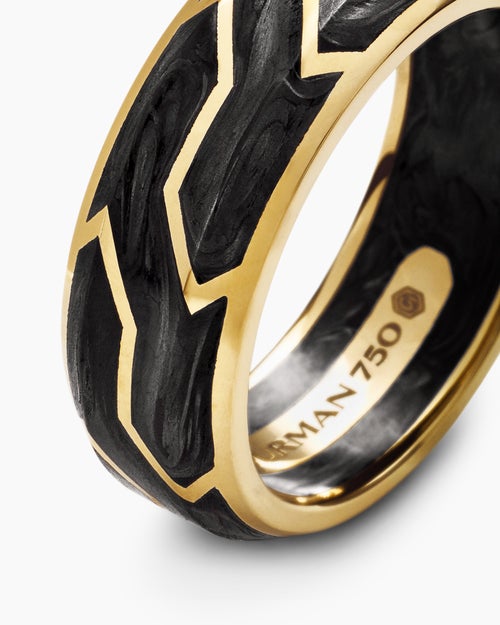 Mens Forged Carbon Band Ring with 18K Yellow Gold, 8.5mm
