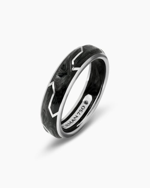 Mens Forged Carbon Band Ring with 18K White Gold, 6mm