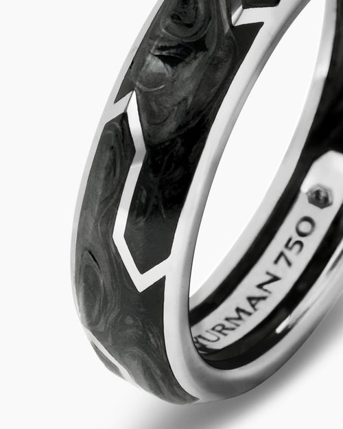 Mens Forged Carbon Band Ring with 18K White Gold, 6mm