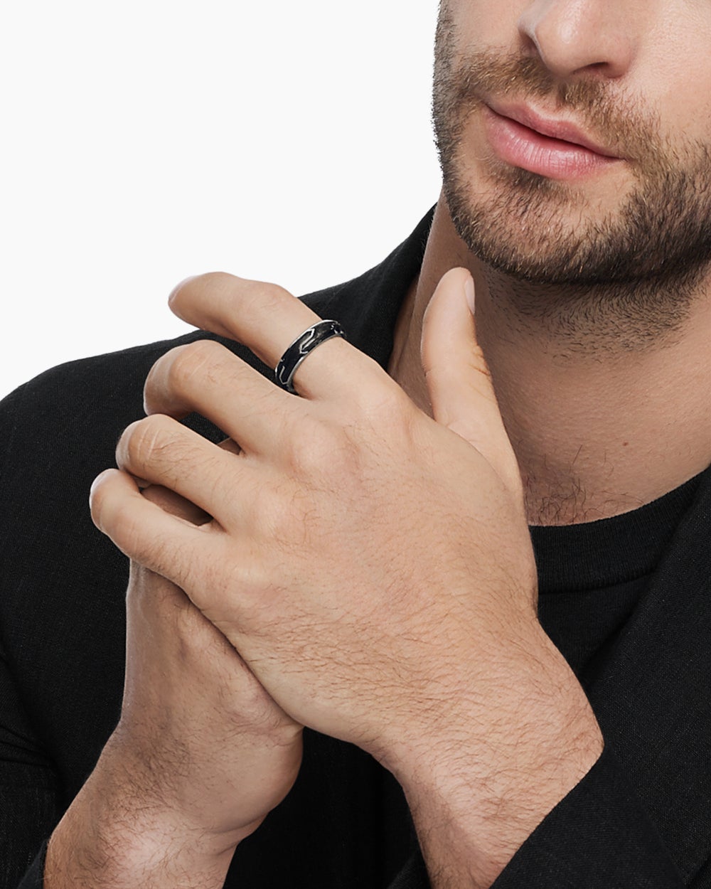 Mens Forged Carbon Band Ring with 18K White Gold, 6mm