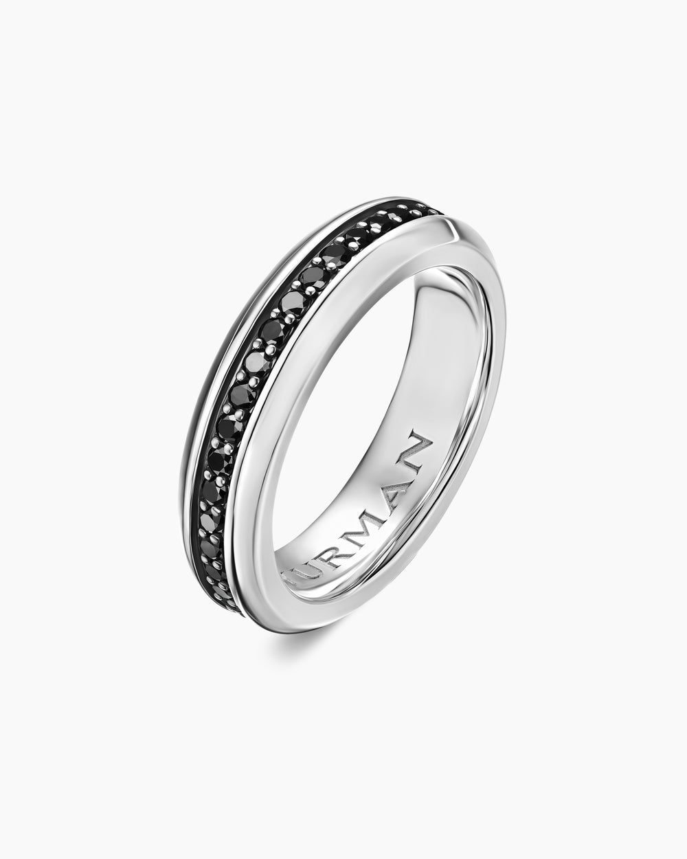 Mens Beveled Band Ring in 18K White Gold with Black Diamonds, 6mm