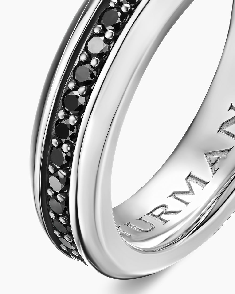 Mens Beveled Band Ring in 18K White Gold with Black Diamonds, 6mm