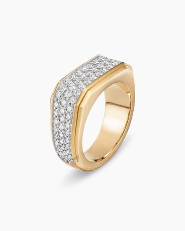 Deco Signet Ring in 18K Yellow Gold with Diamonds, 10mm