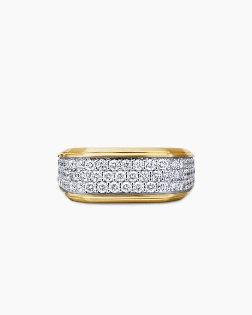 Mens Streamline® Signet Ring in 18K Yellow Gold with Diamonds, 10mm