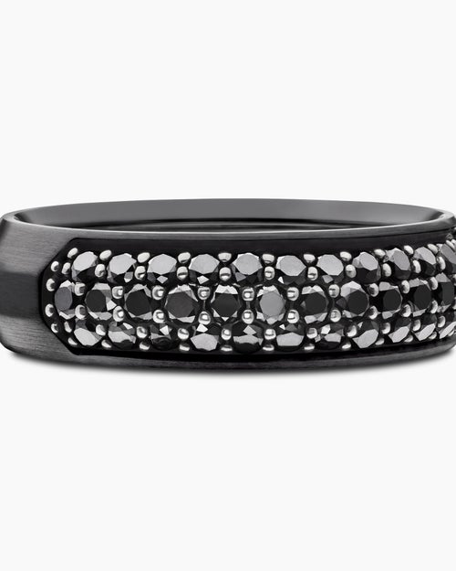 Mens Beveled Band Ring in Black Titanium with Half Pavé Black Diamonds, 6mm