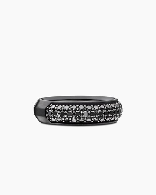 Mens Beveled Band Ring in Black Titanium with Half Pavé Black Diamonds, 6mm