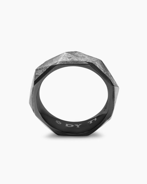 Mens Torqued Faceted Band Ring in Black Titanium with Meteorite, 8.5mm