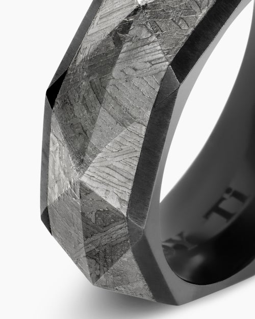 Mens Torqued Faceted Band Ring in Black Titanium with Meteorite, 8.5mm