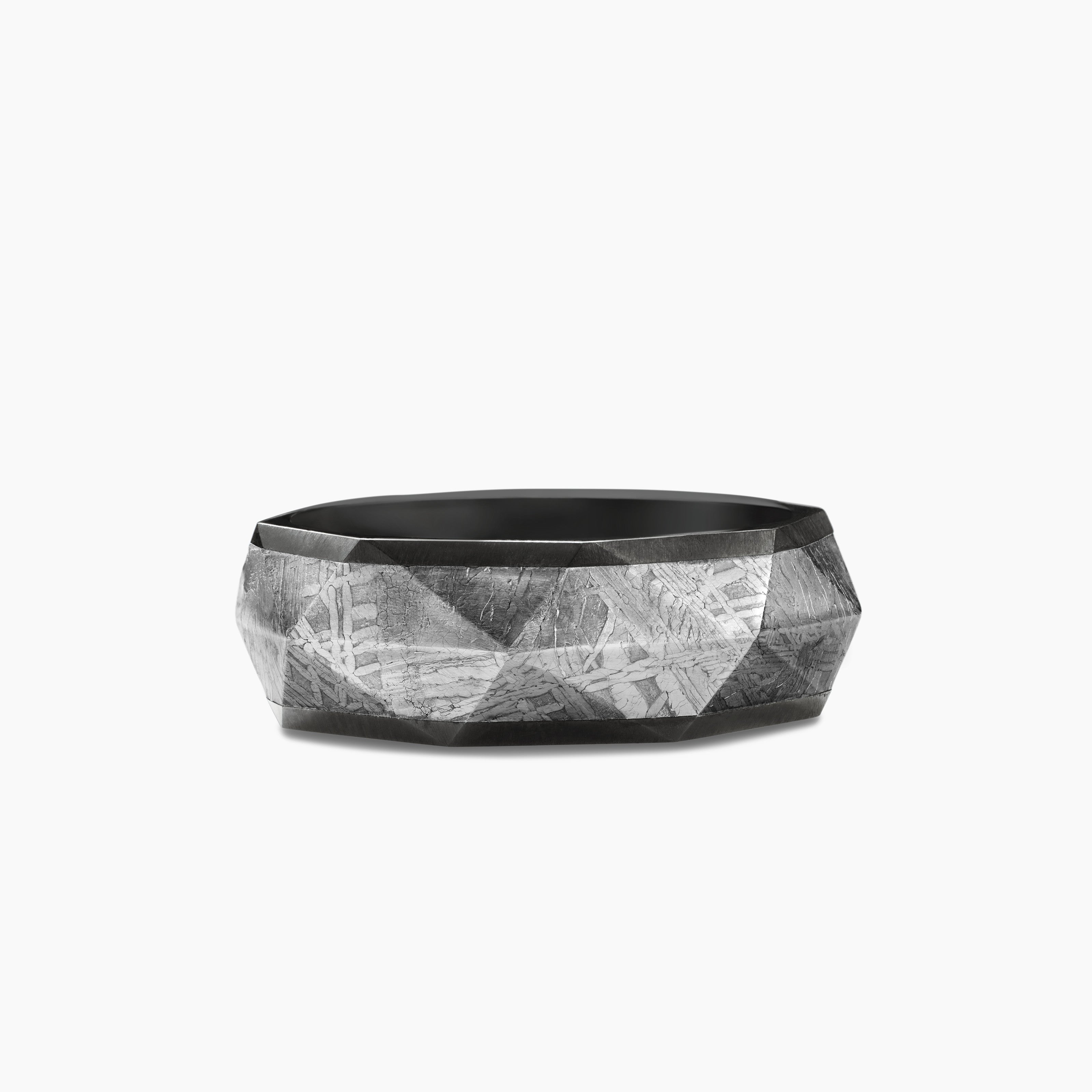 Mens Torqued Faceted Band Ring in Black Titanium with Meteorite, 8.5mm